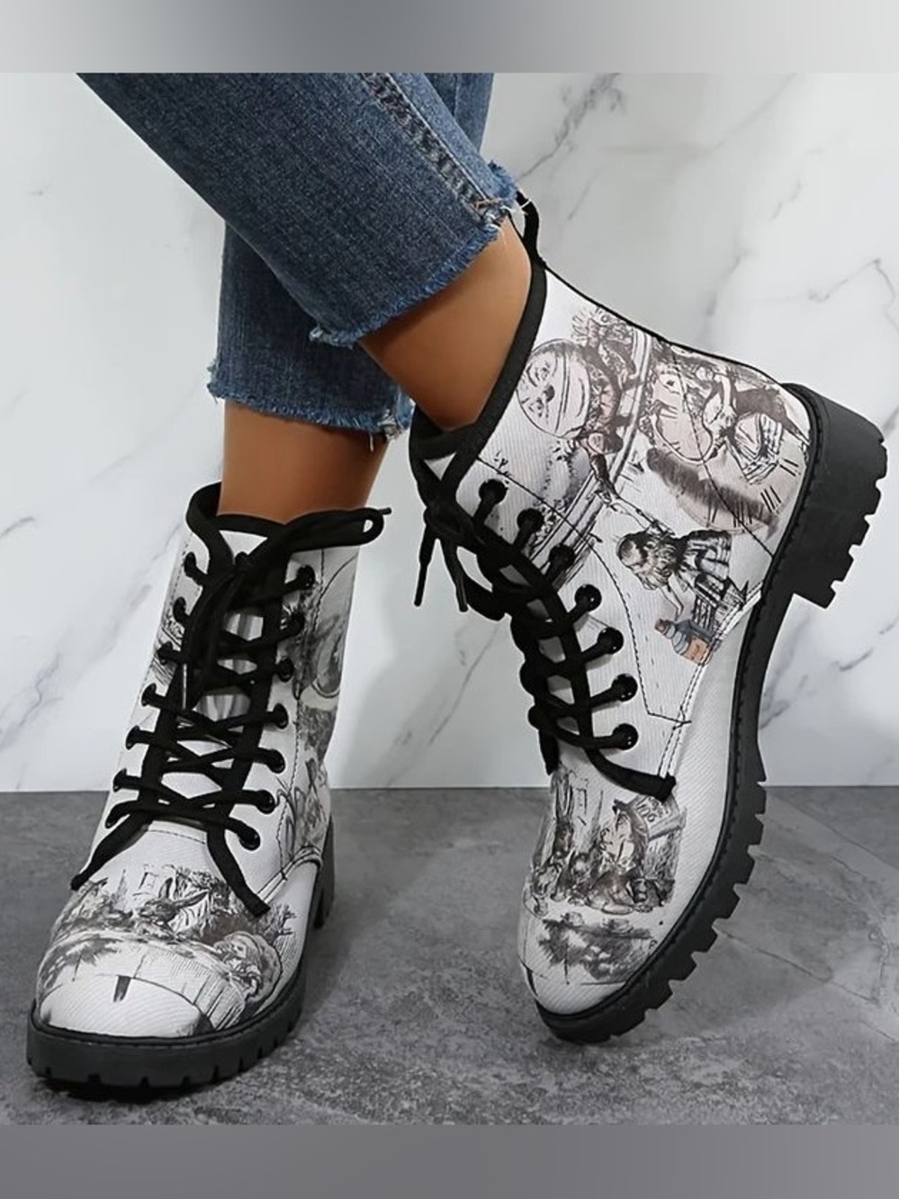 Alice in Wonderland Lace-Up Combat Boots with Black Trim